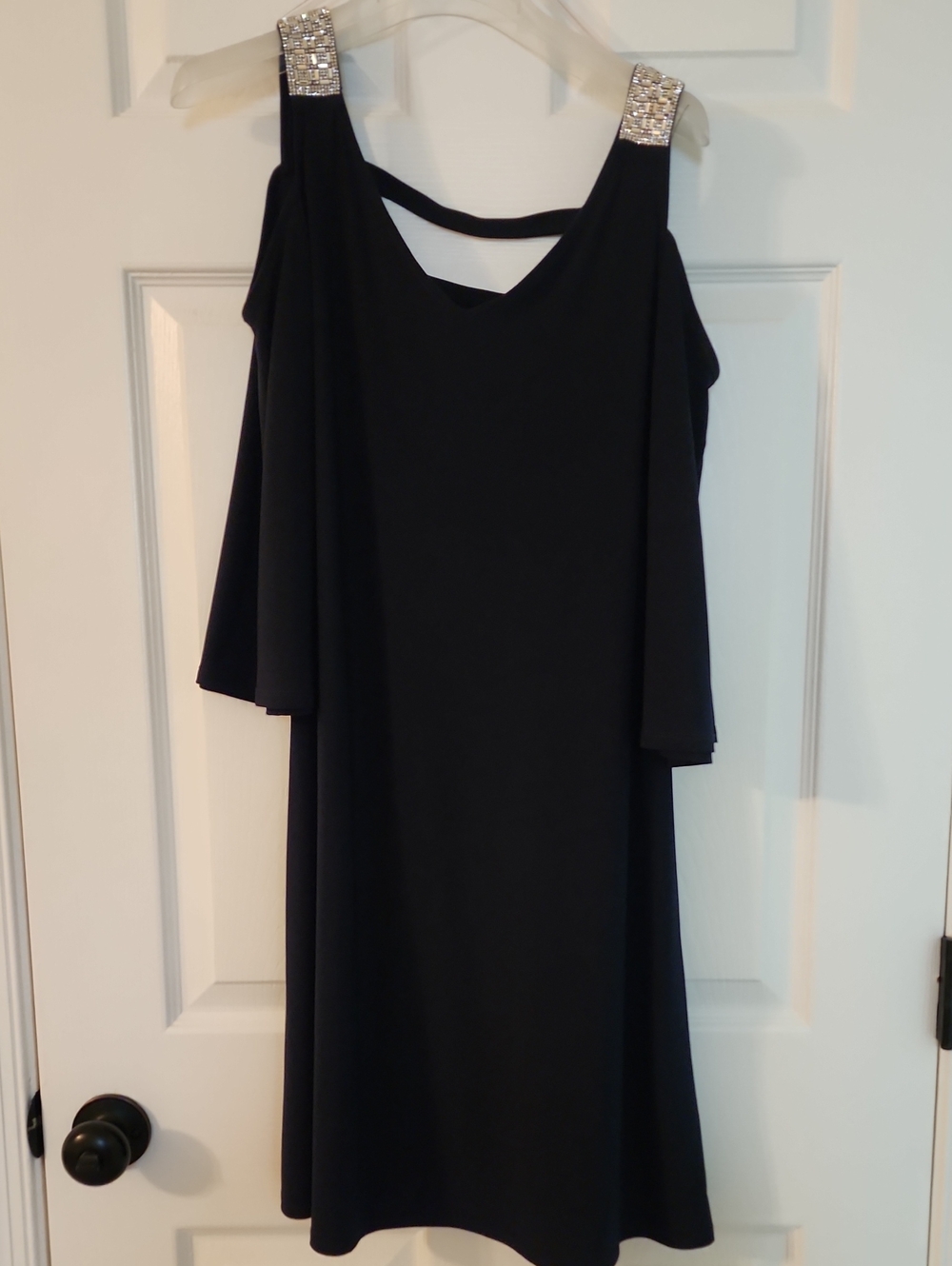 Black Cold-Shoulder Midi Dress with Crystal-Strap Detail
